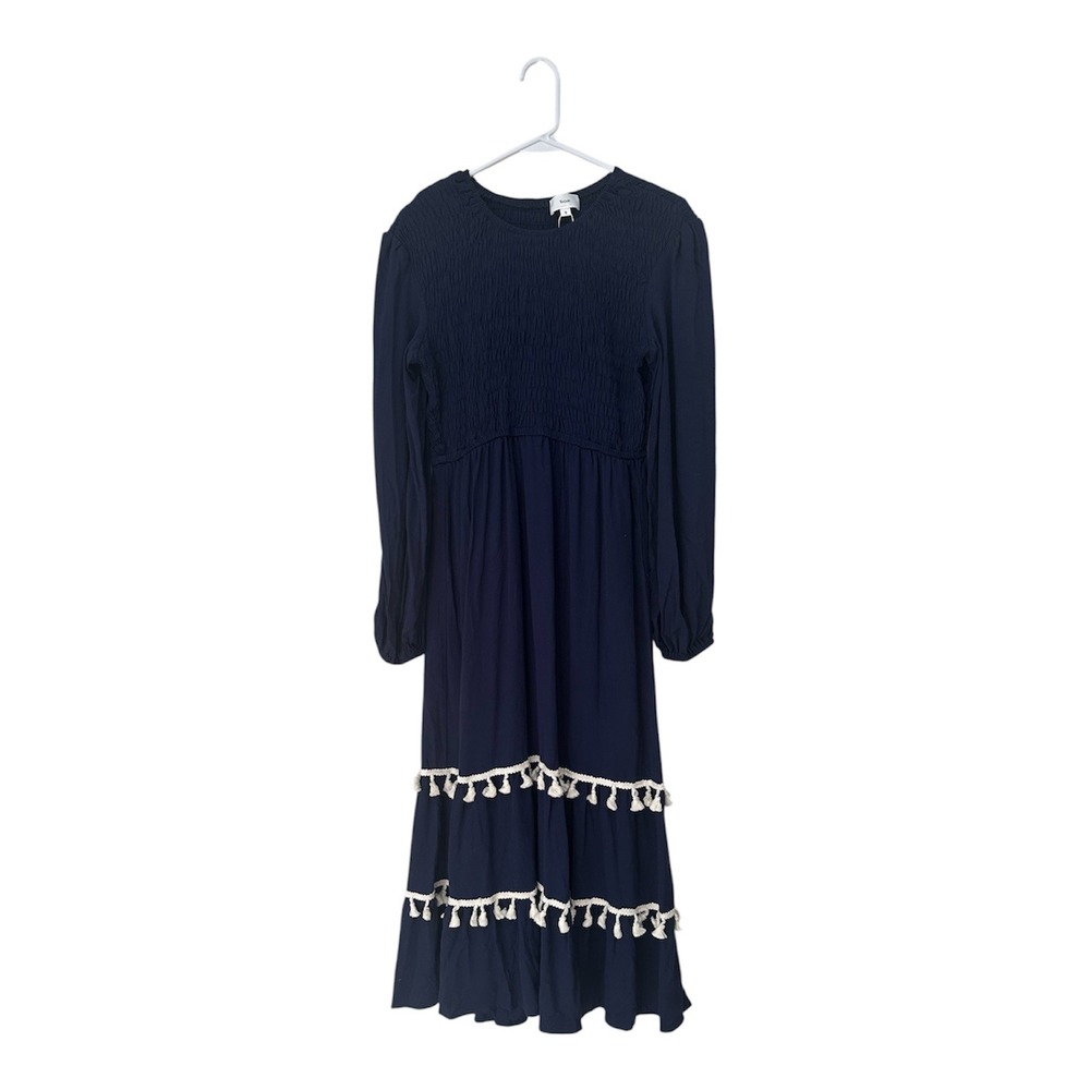 YstGuic Navy Blue Smocked Tassel Trim Rayon Midi Dress YG059 Womens‎ Small